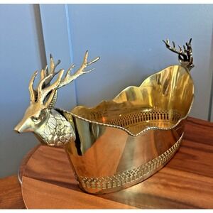 Vintage Brass Stag Bowl Planter Deer Centerpiece Large 19.5" India Punched metal